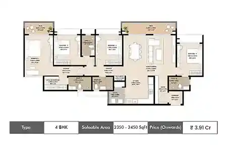 Mahindra Blossom 4 BHK floor plan, 2350 sq ft saleable area